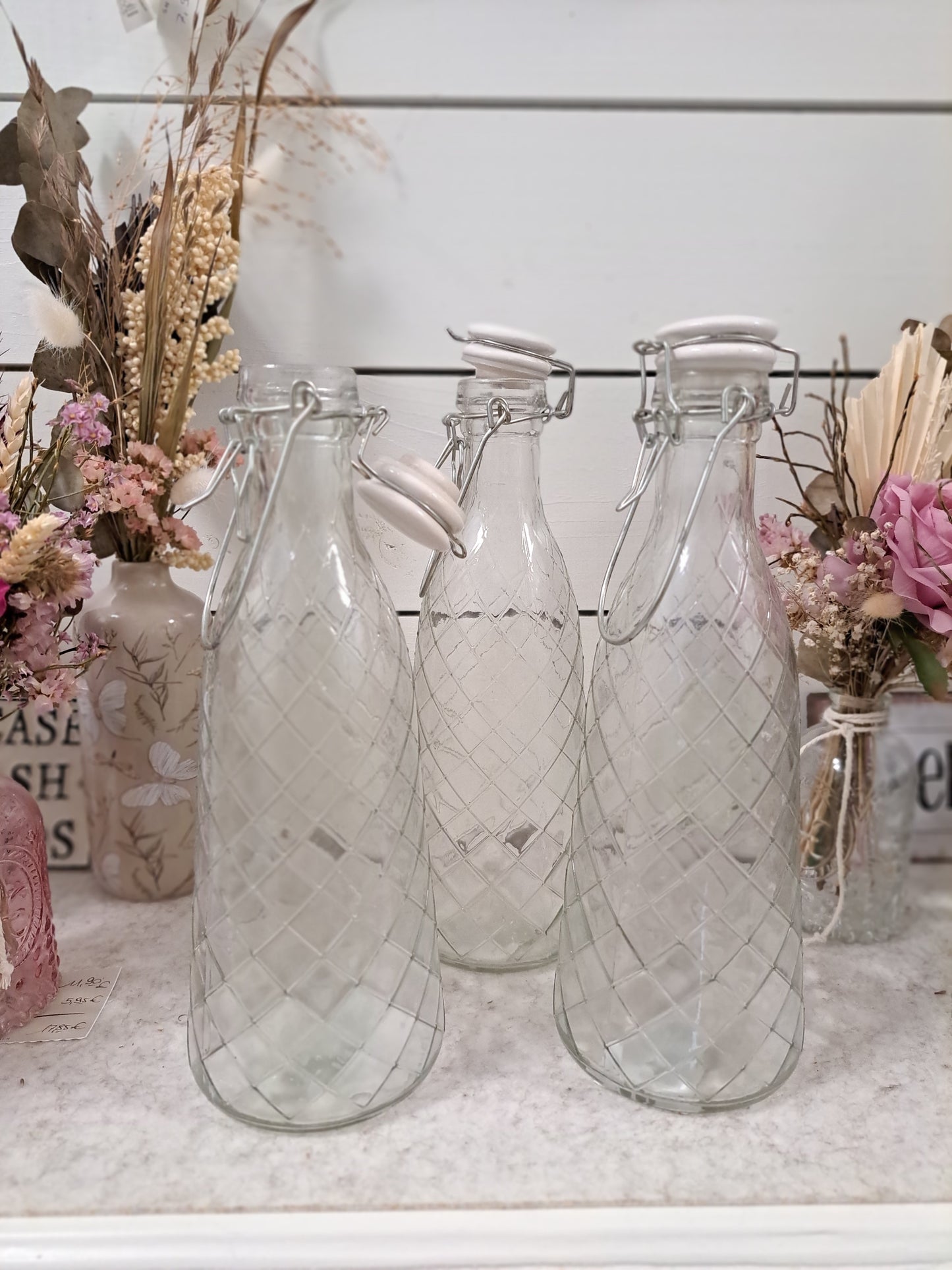Bügelflasche Glasflasche Vase mit Keramikbügel