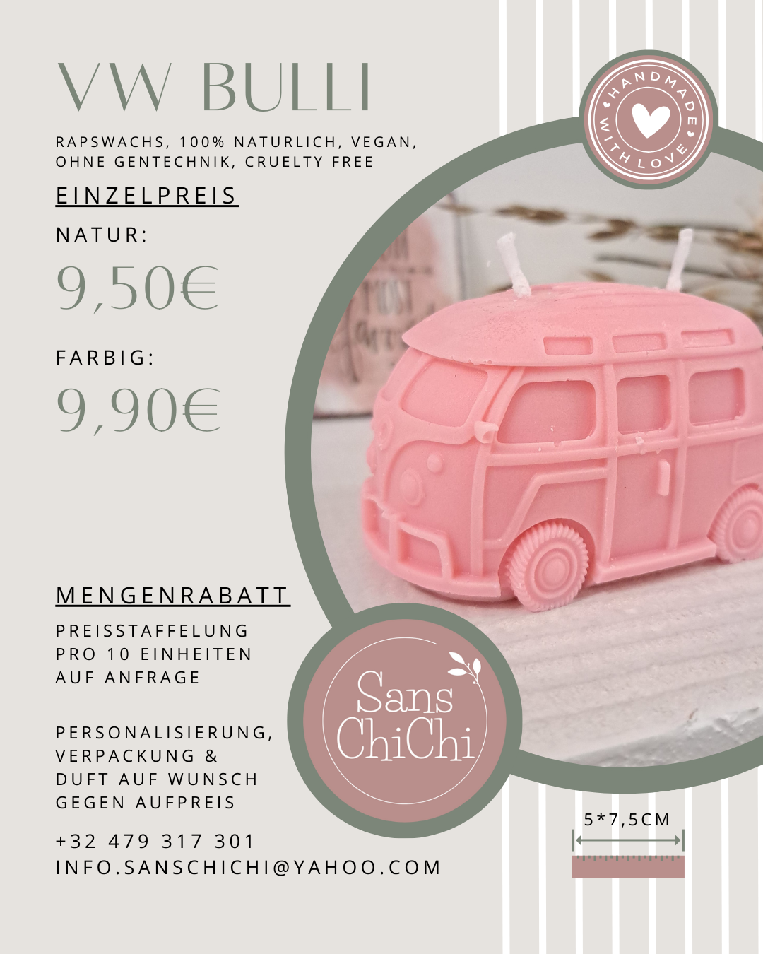 Kerze "VW Bulli", 5x7,5cm, 100% Rapswachs, PERSONALISIERBAR