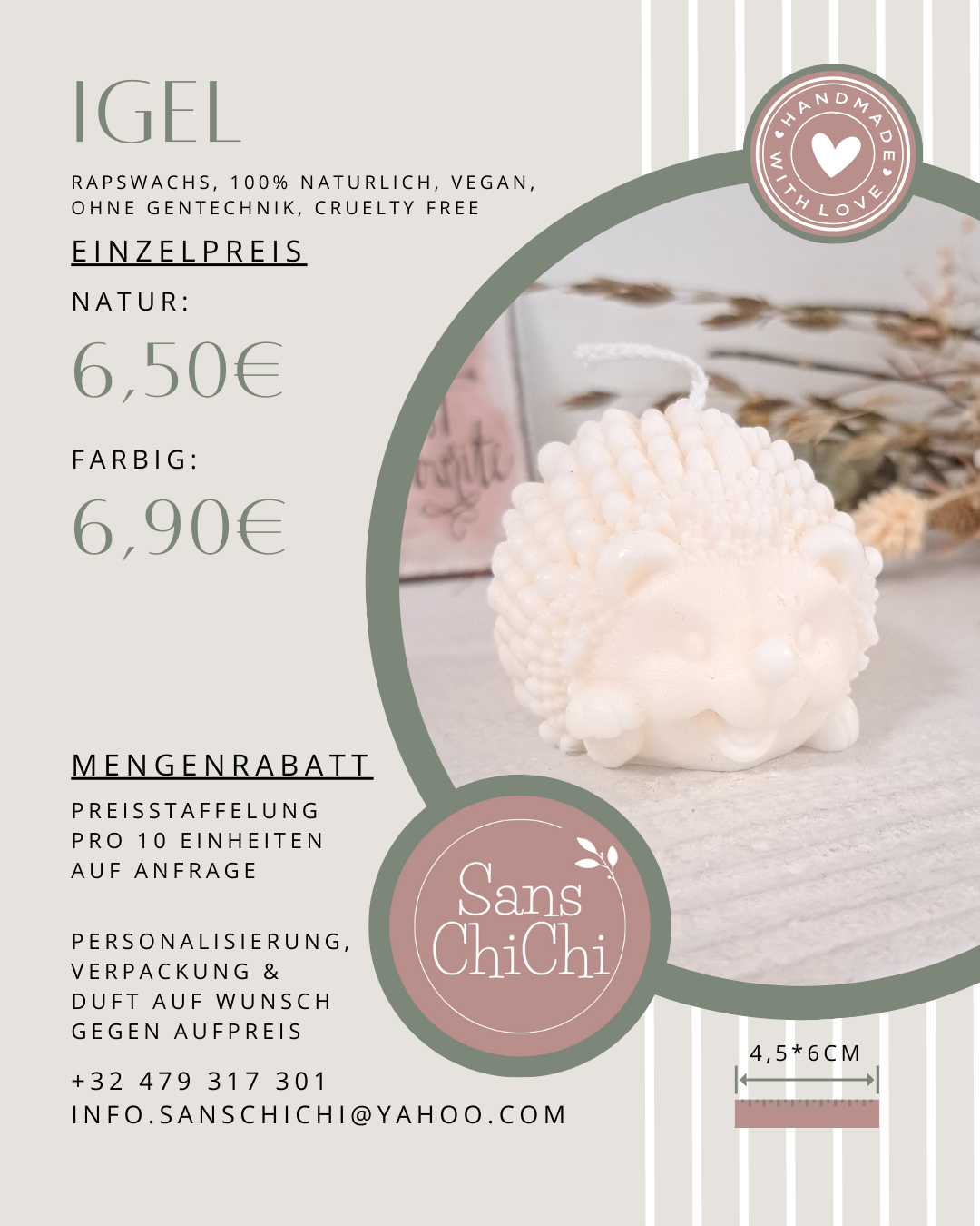 Kerze "Igel", 6x4,5cm, 100% Rapswachs, PERSONALISIERBAR