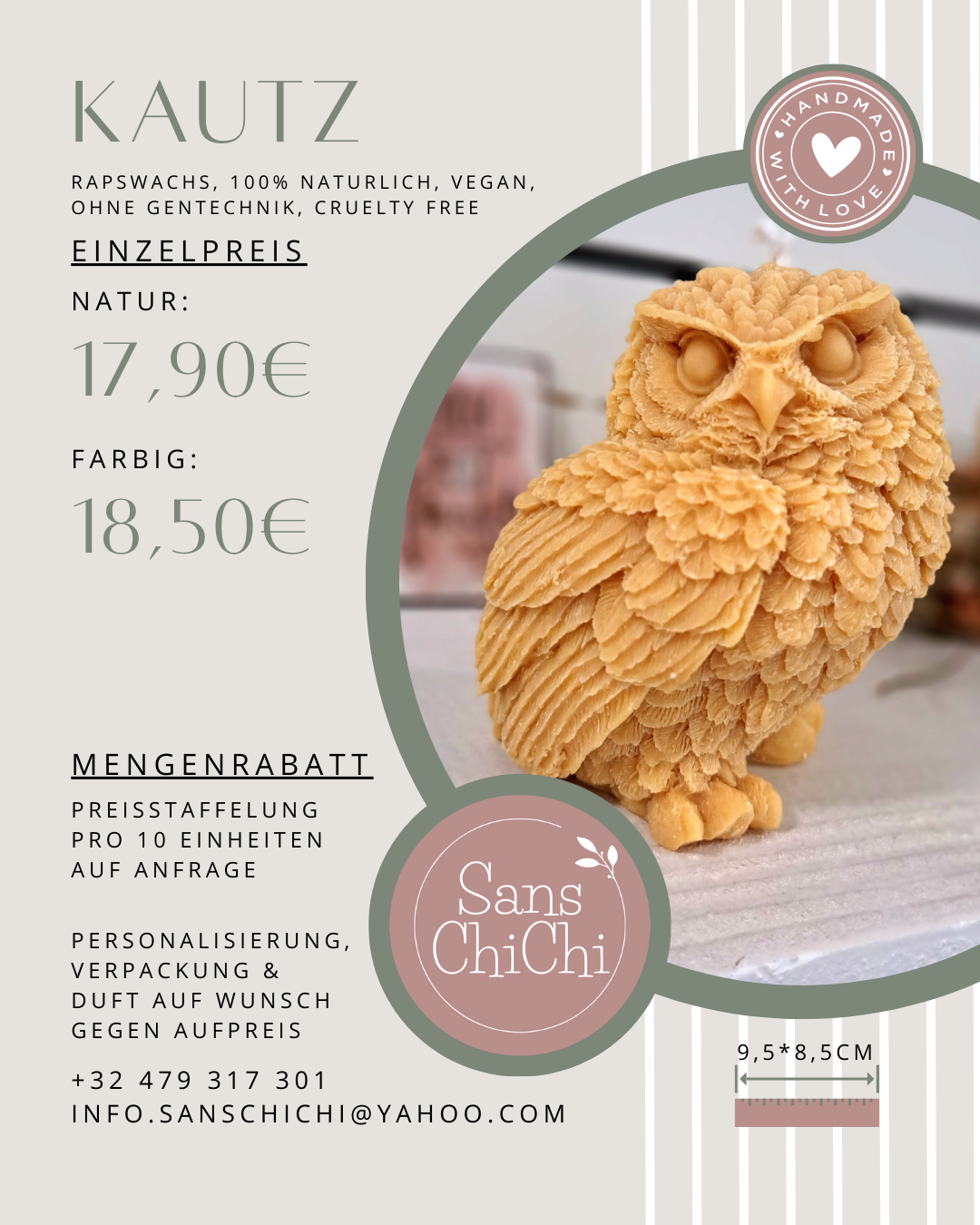 Kerze "Kautz", 9,5x8,5cm, 100% Rapswachs, PERSONALISIERBAR