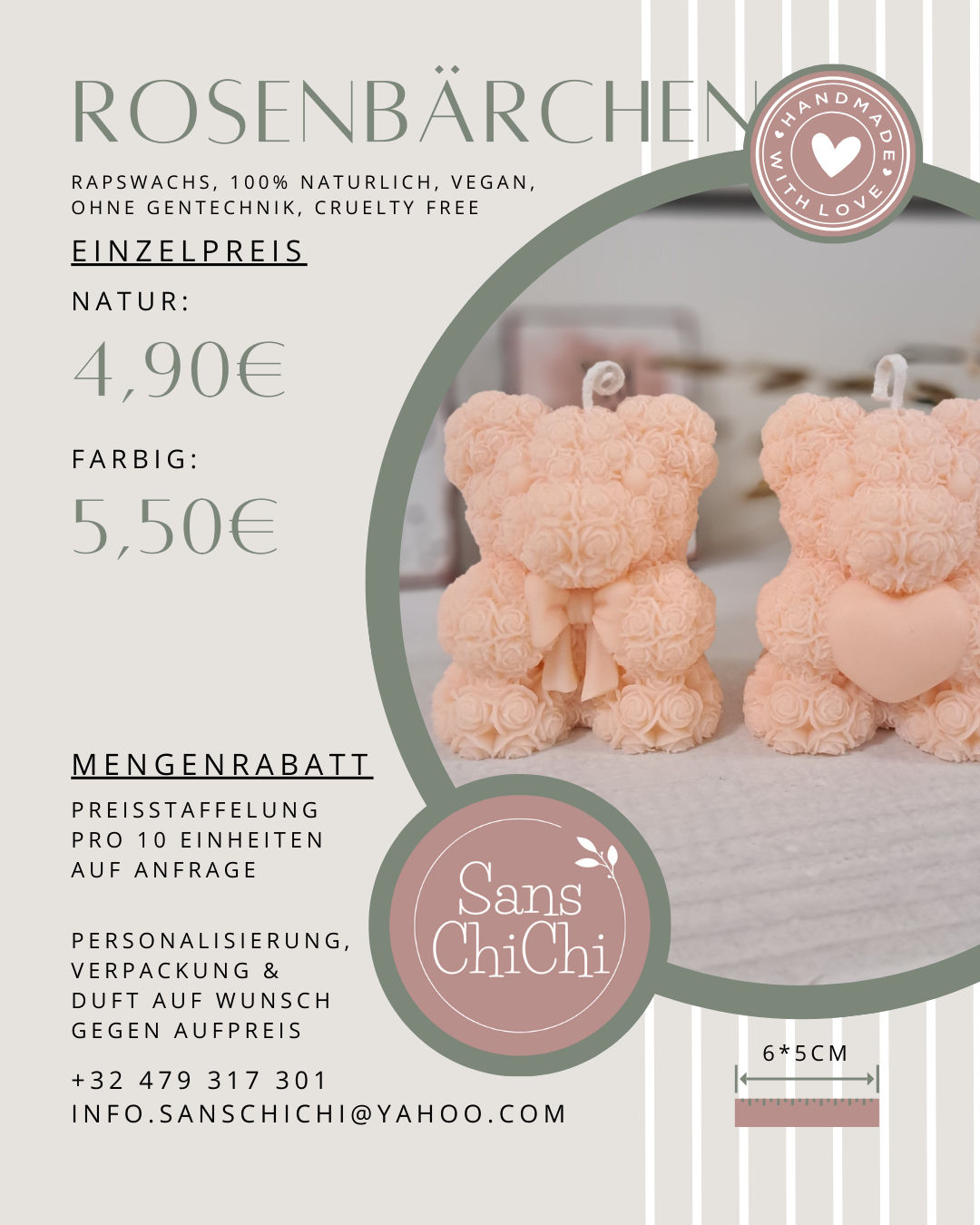 Kerze "Rosenbärchen", 6x5cm, 100% Rapswachs, PERSONALISIERBAR