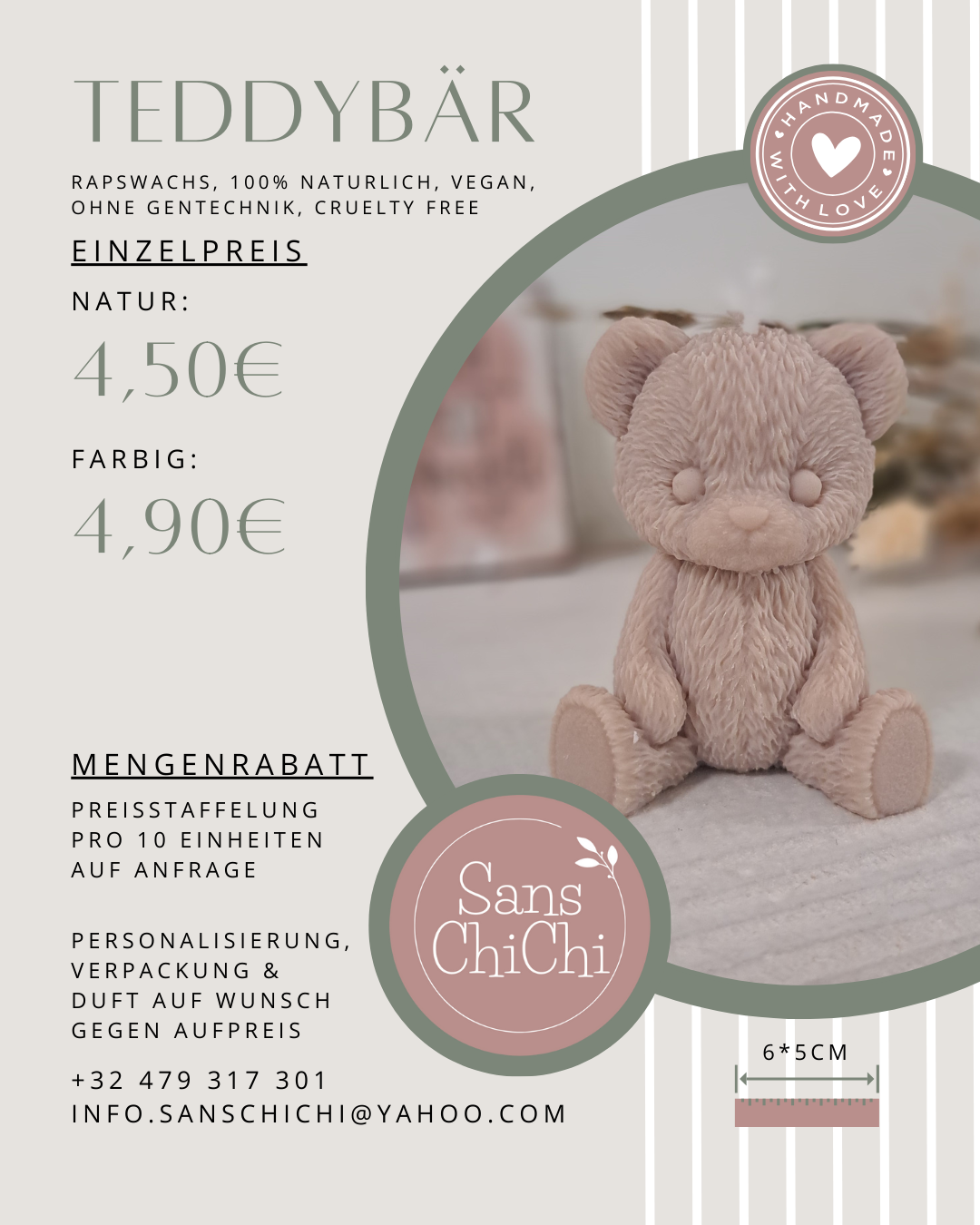 Teddybär Kerze, 6x5cm, 100% Rapswachs, PERSONALISIERBAR